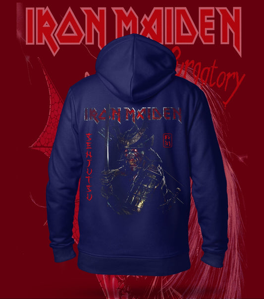 Iron Maiden Samurai Eddie Hoodie – 300 GSM Heavyweight Cotton – Navy back print