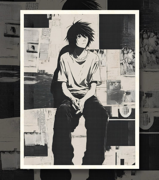Death Note L Poster – Minimal Black & White Anime Wall Art