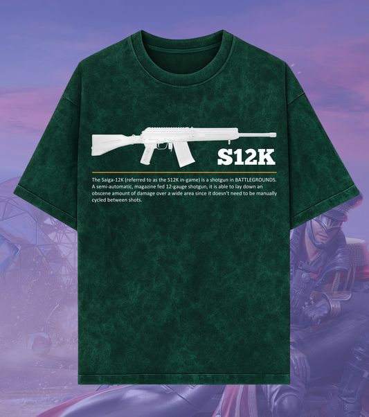 BGMI S12K Shotgun Graphic Acid Wash Oversized T-Shirt | Premium 240 GSM Heavyweight Tee