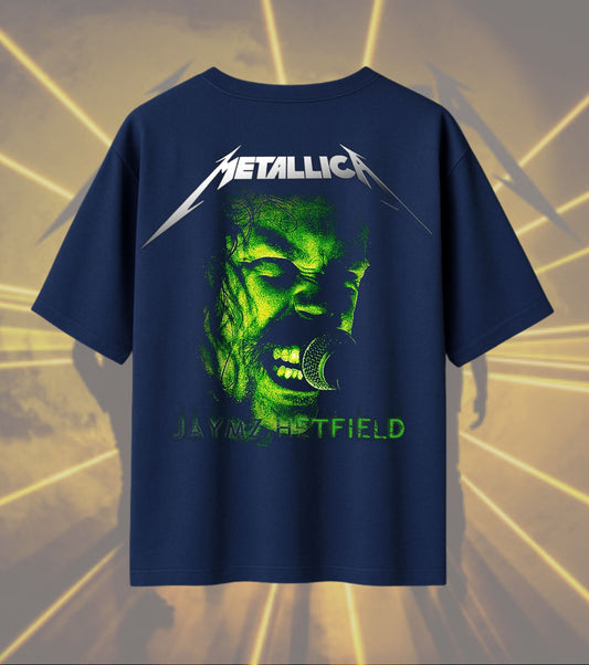 Metallica James Hetfield Portrait Graphic T-Shirt | Green Halftone Singer Artwork | Premium Cotton Unisex Oversized T-Shirt | Navy