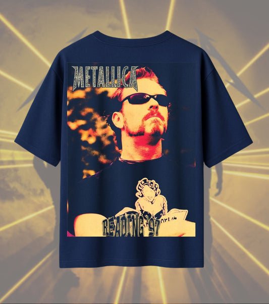 Metallica James Hetfield Red Portrait Graphic T-Shirt | Vintage Rock Photography Artwork | Premium Cotton Unisex Oversized T-Shirt | Navy