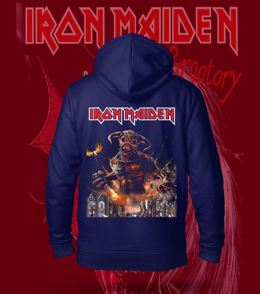 Iron Maiden Hellfire Demon Eddie Hoodie – 300 GSM Heavyweight Cotton – Navy back print