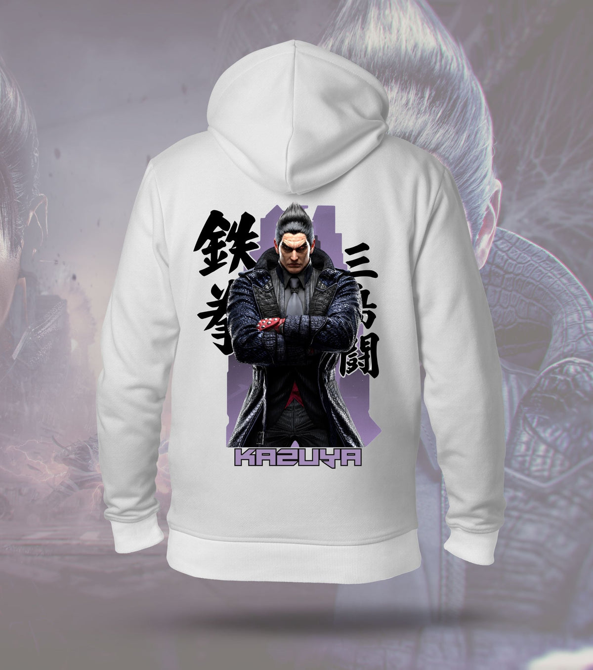 Tekken Purple Shadow hoodie back print, white colour