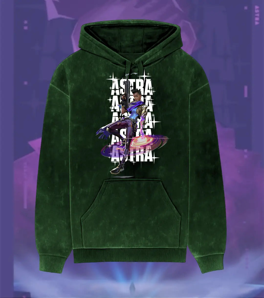 Astra – Cosmic Vision Valorant Acid Wash Hoodie | Premium Gamer Streetwear - Bottle Green / XS - Valorant