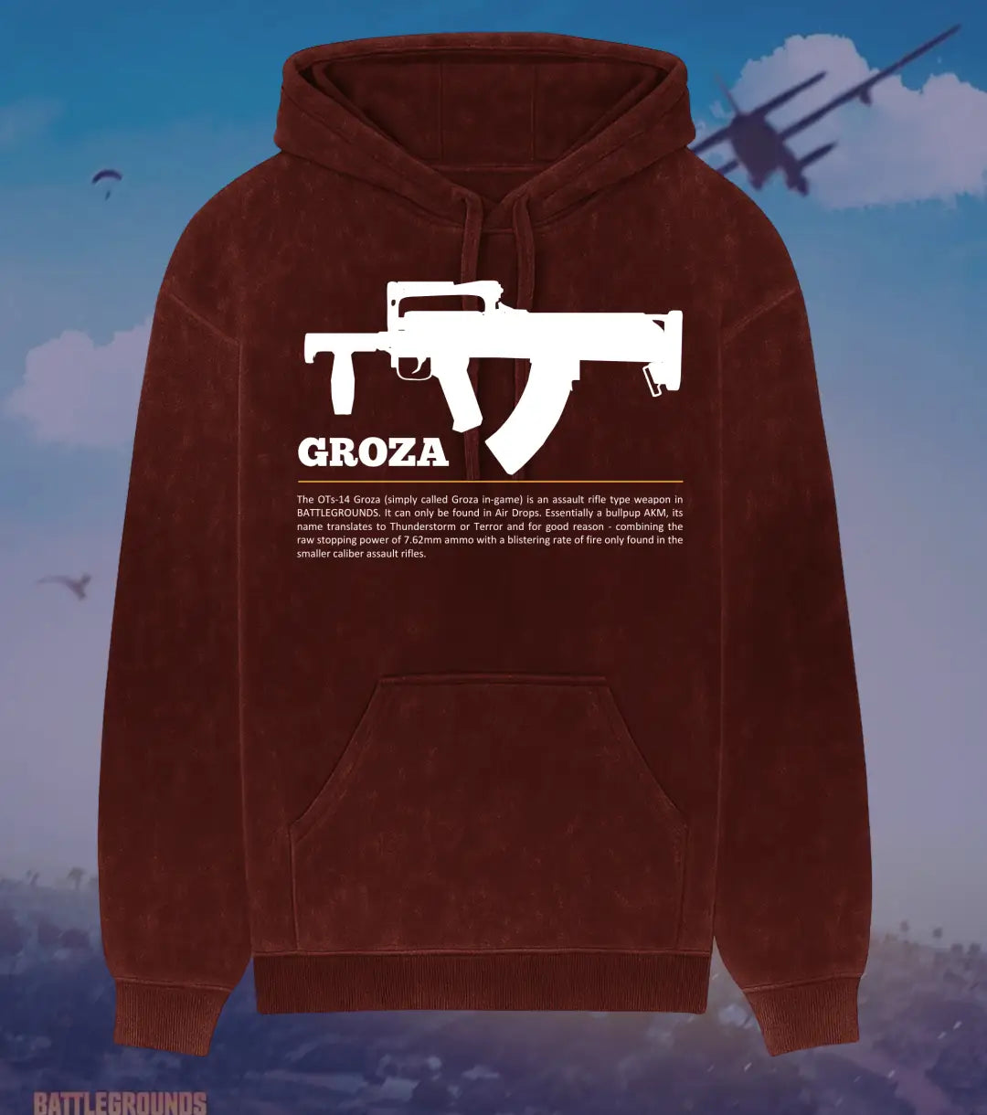 BGMI Groza Covert Airdrop Hoodie – Acid Wash | 300 GSM Heavyweight Fleece - Maroon / S - BGMI/PUBG