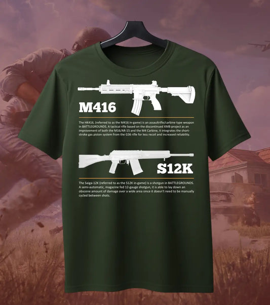 BGMI M4 Combo T-Shirt | PUBG Battle Royale Weapon Tee - S / Bottle Green / S12K - BGMI/PUBG