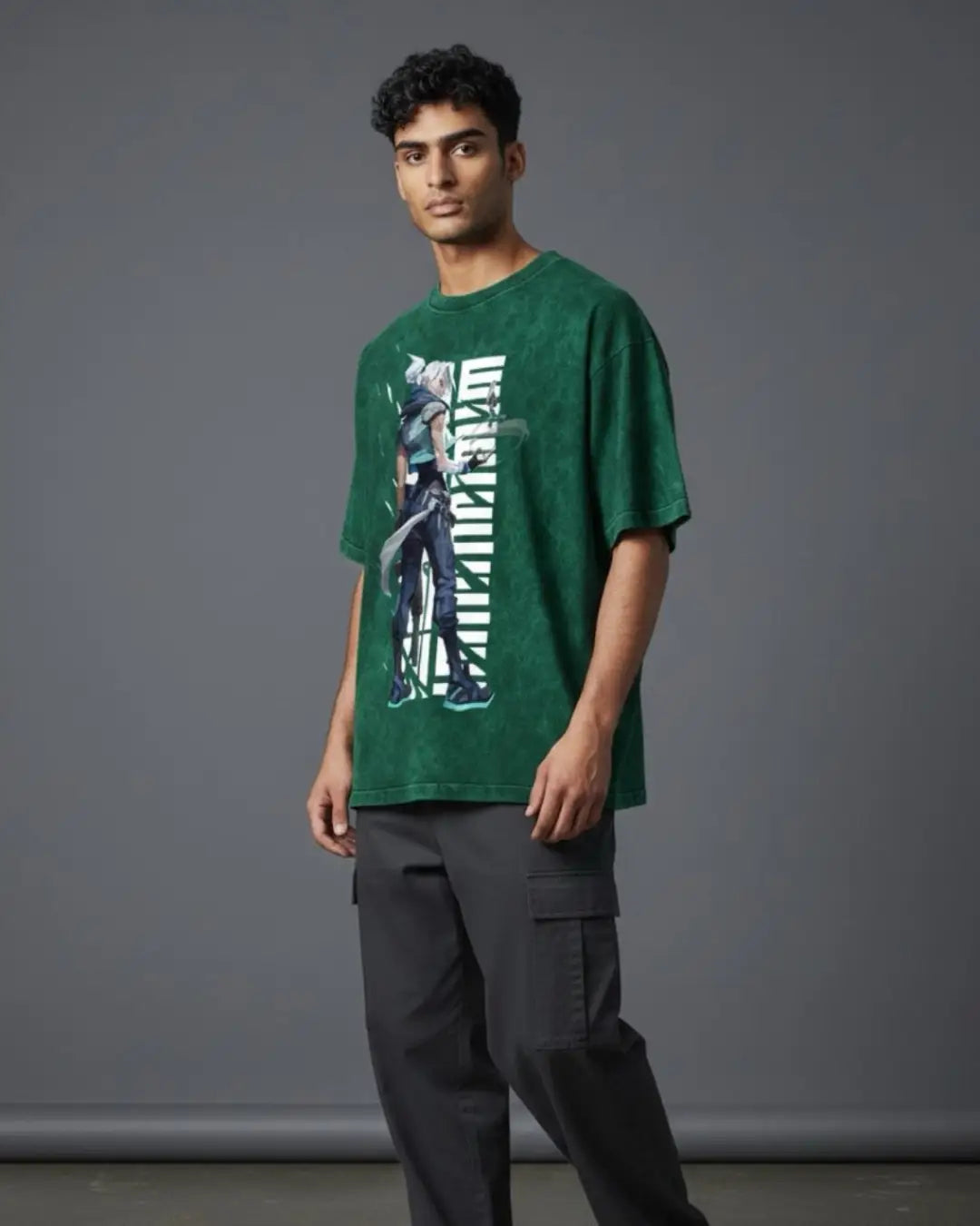 Jett – Stormchaser Valorant Acid Wash Tee | Bold Gamer Streetwear - Bottle Green / XS - Valorant