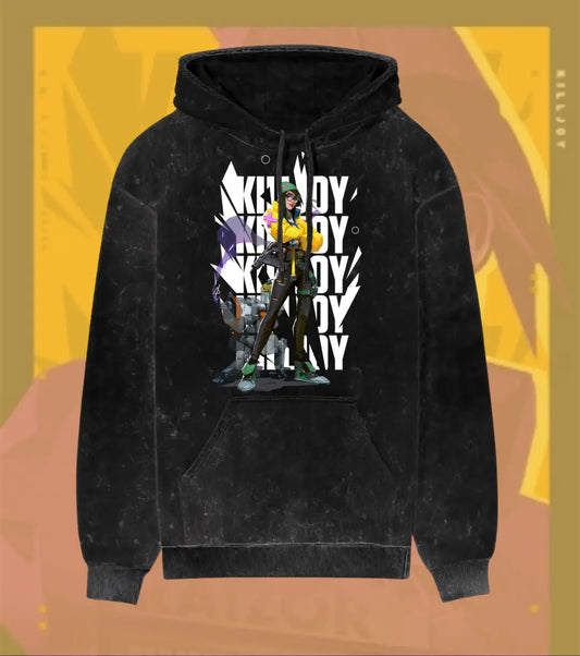 Killjoy – Tech Genius Valorant Acid Wash Hoodie | Premium Gamer Streetwear - Black / XS - Valorant