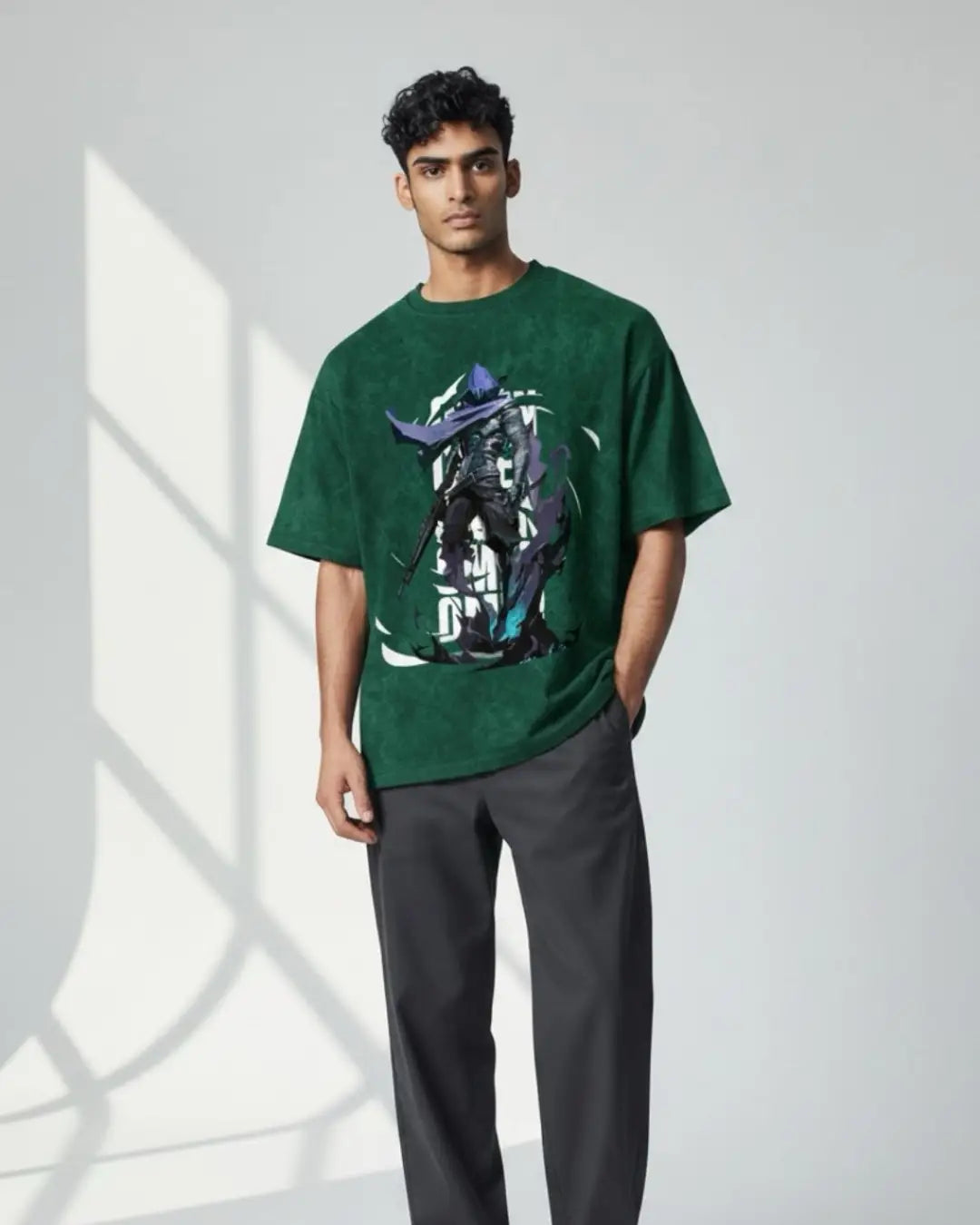Omen – Shadow Reaper Valorant Acid Wash Tee | Bold Gamer Streetwear - Bottle Green / XS - Valorant