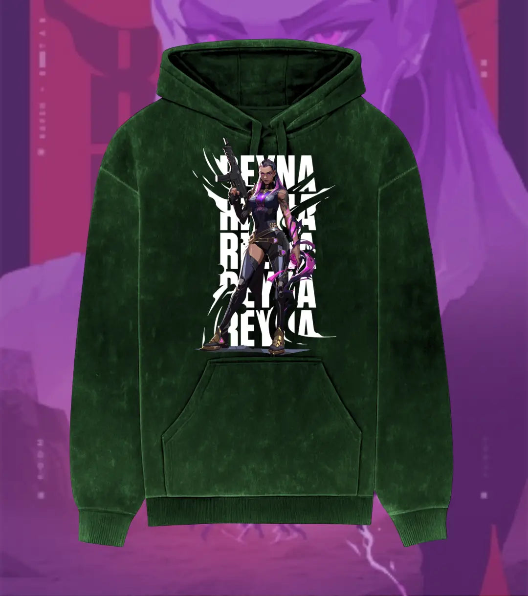 Reyna – Empress of Shadows Valorant Acid Wash Hoodie | Premium Gamer Streetwear - Bottle Green / XS - Valorant