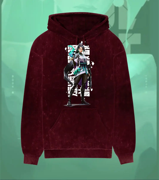 Sage – Guardian Spirit Valorant Acid Wash Hoodie | Premium Gamer Streetwear - Maroon / XS - Valorant