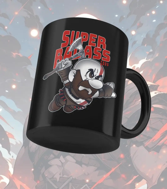 Super Badass Mug – Funny Gaming Coffee Mug | Cartoon Warrior Design | Black Ceramic Gamer Gift - Black - god of war