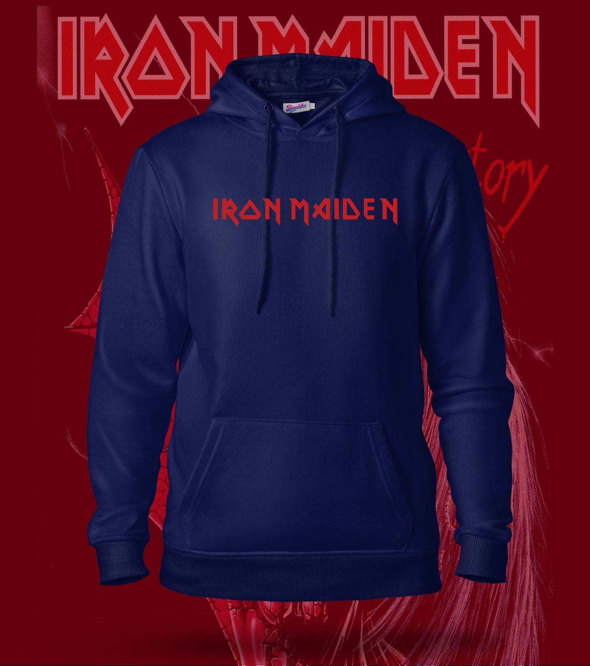 Iron Maiden Nine Faces of Eddie Hoodie – 300 GSM Heavyweight Cotton – Navy front chest logo