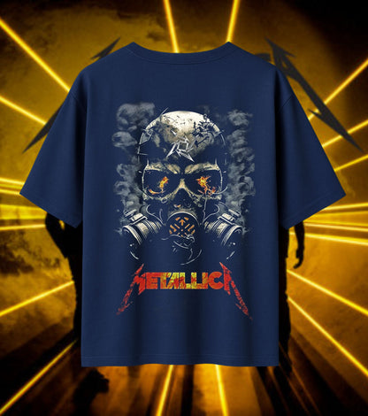 Metallica Gas Mask Skull Graphic T-Shirt | Distressed Heavy Metal Artwork | Premium Cotton Unisex Oversized T-Shirt | Navy