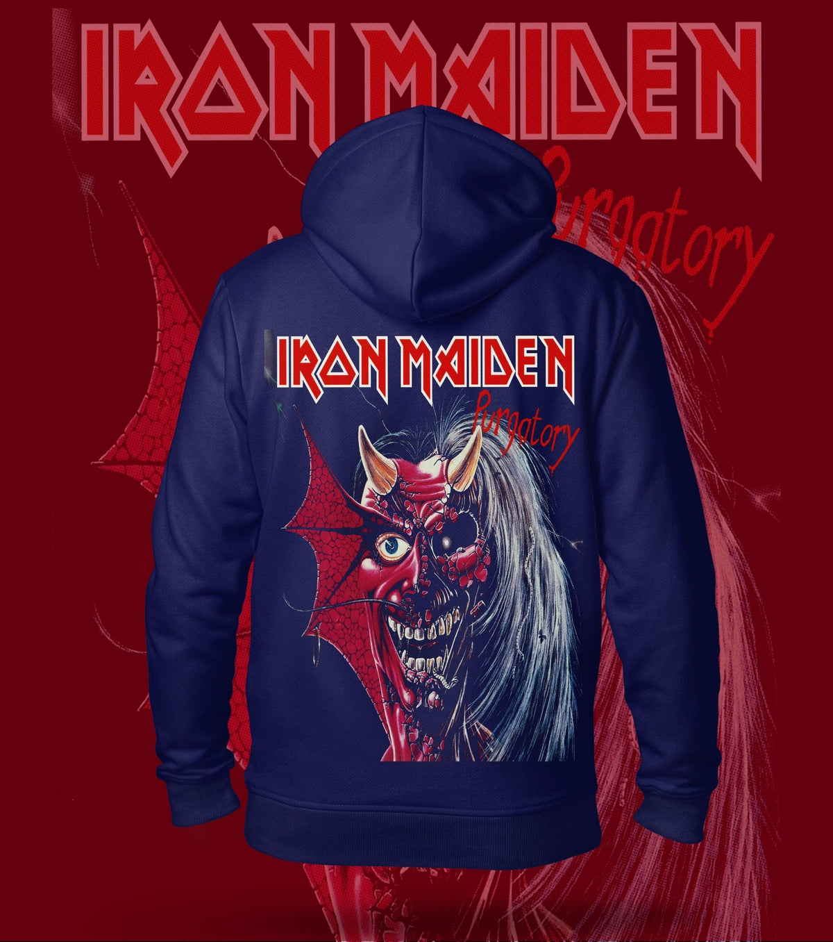 Iron Maiden Purgatory Eddie Hoodie – 300 GSM Heavyweight Cotton – Navy back print