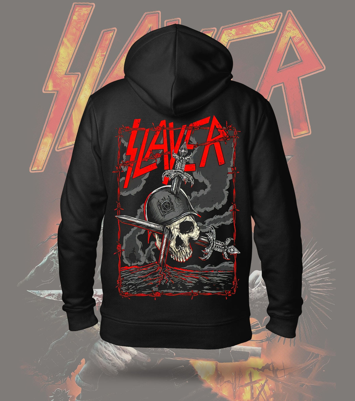 Slayer Skull and Crossed Swords Graphic Hoodie – 300 GSM Heavyweight Cotton – Black back print