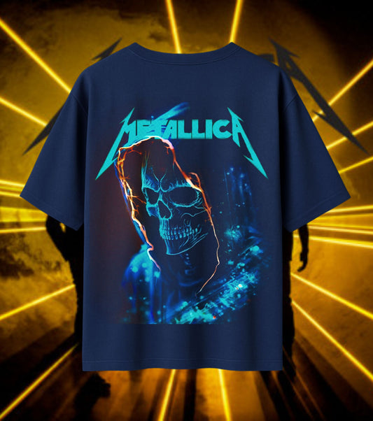 Metallica Neon Skull Graphic T-Shirt | Blue Holographic Skull Artwork | Premium Cotton Unisex Oversized T-Shirt | Navy