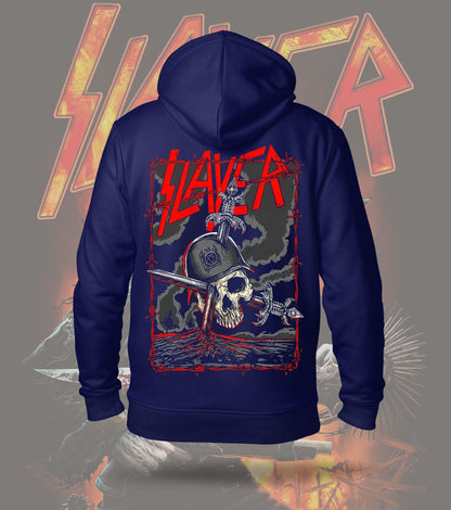 Slayer Skull and Crossed Swords Graphic Hoodie – 300 GSM Heavyweight Cotton – Navy back print