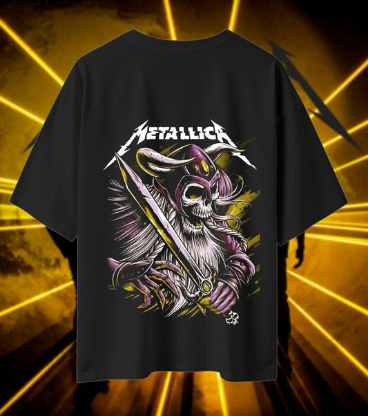 Metallica Horned Warrior Skull Graphic T-Shirt | Sword Wielding Heavy Metal Artwork | Premium Cotton Unisex Oversized T-Shirt | Black