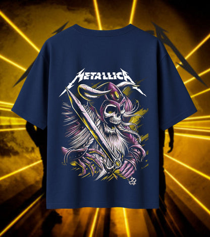 Metallica Horned Warrior Skull Graphic T-Shirt | Sword Wielding Heavy Metal Artwork | Premium Cotton Unisex Oversized T-Shirt | Navy