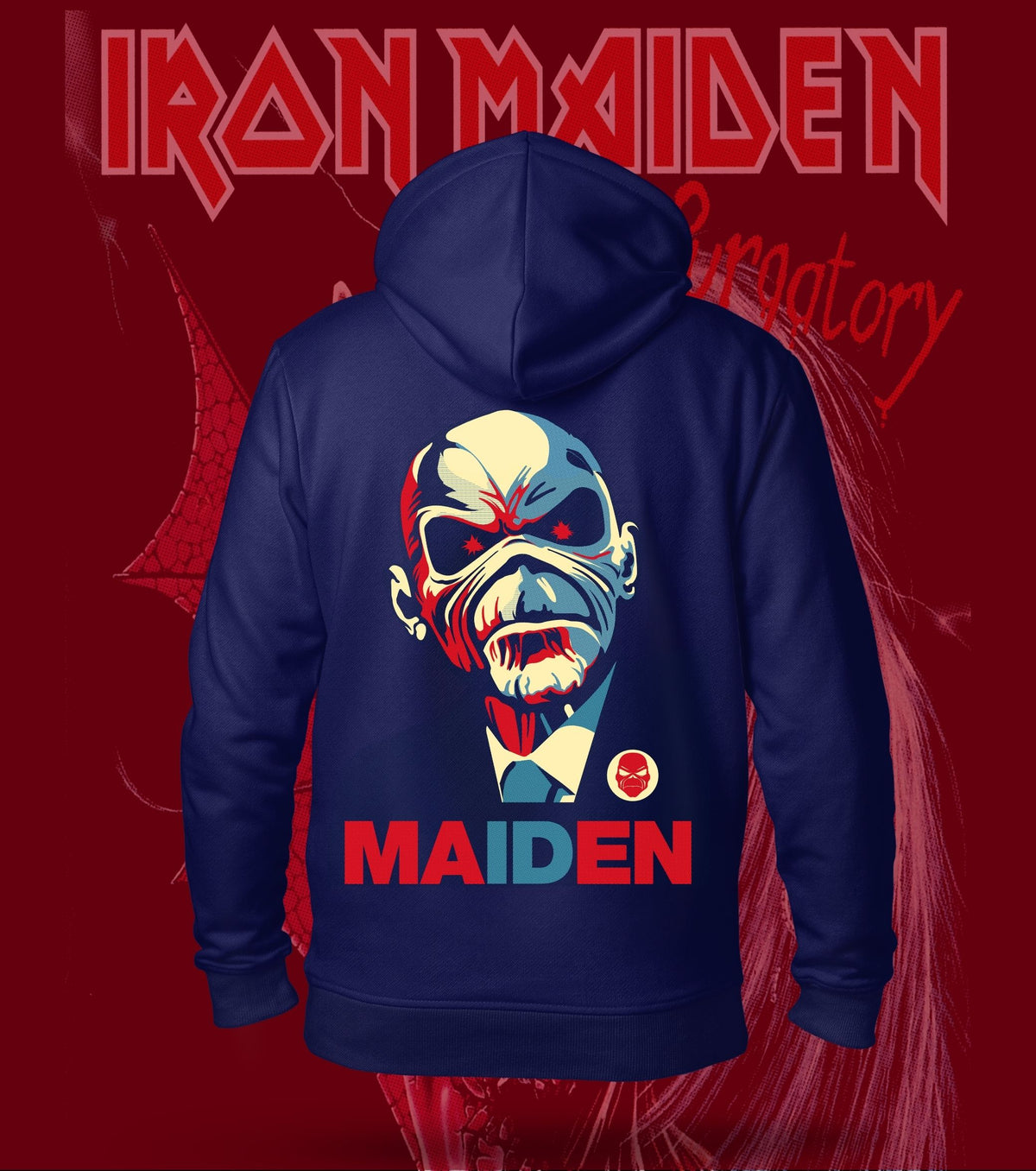 Iron Maiden Pop-Art Eddie Hoodie – 300 GSM Heavyweight Cotton – Navy back print