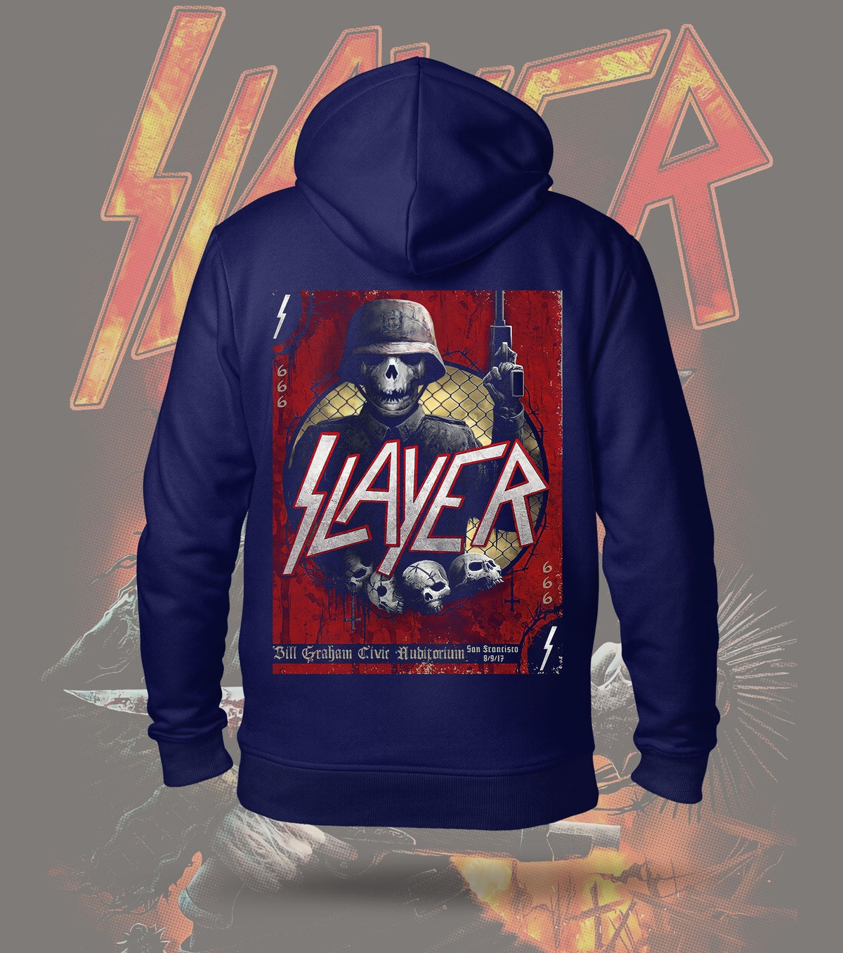 Slayer 666 Skull Soldier Graphic Hoodie – 300 GSM Heavyweight Cotton – Navy back print