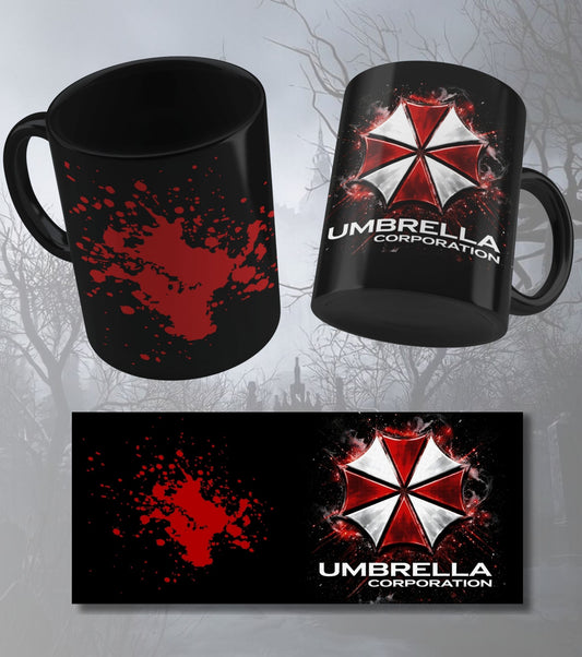 Resident Evil Umbrella Corporation Black Ceramic Coffee Mug – Red Blood Splatter & Umbrella Logo Gaming Mug