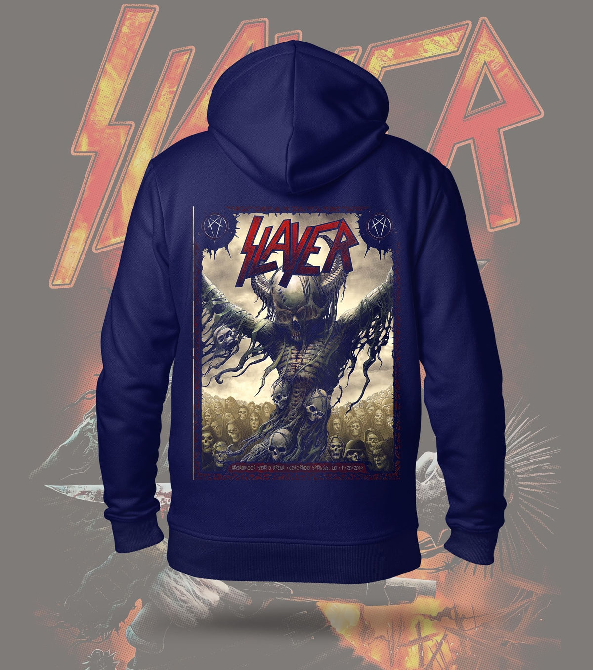 Slayer Winged Skull Demon Graphic Hoodie – 300 GSM Heavyweight Cotton – Navy back print