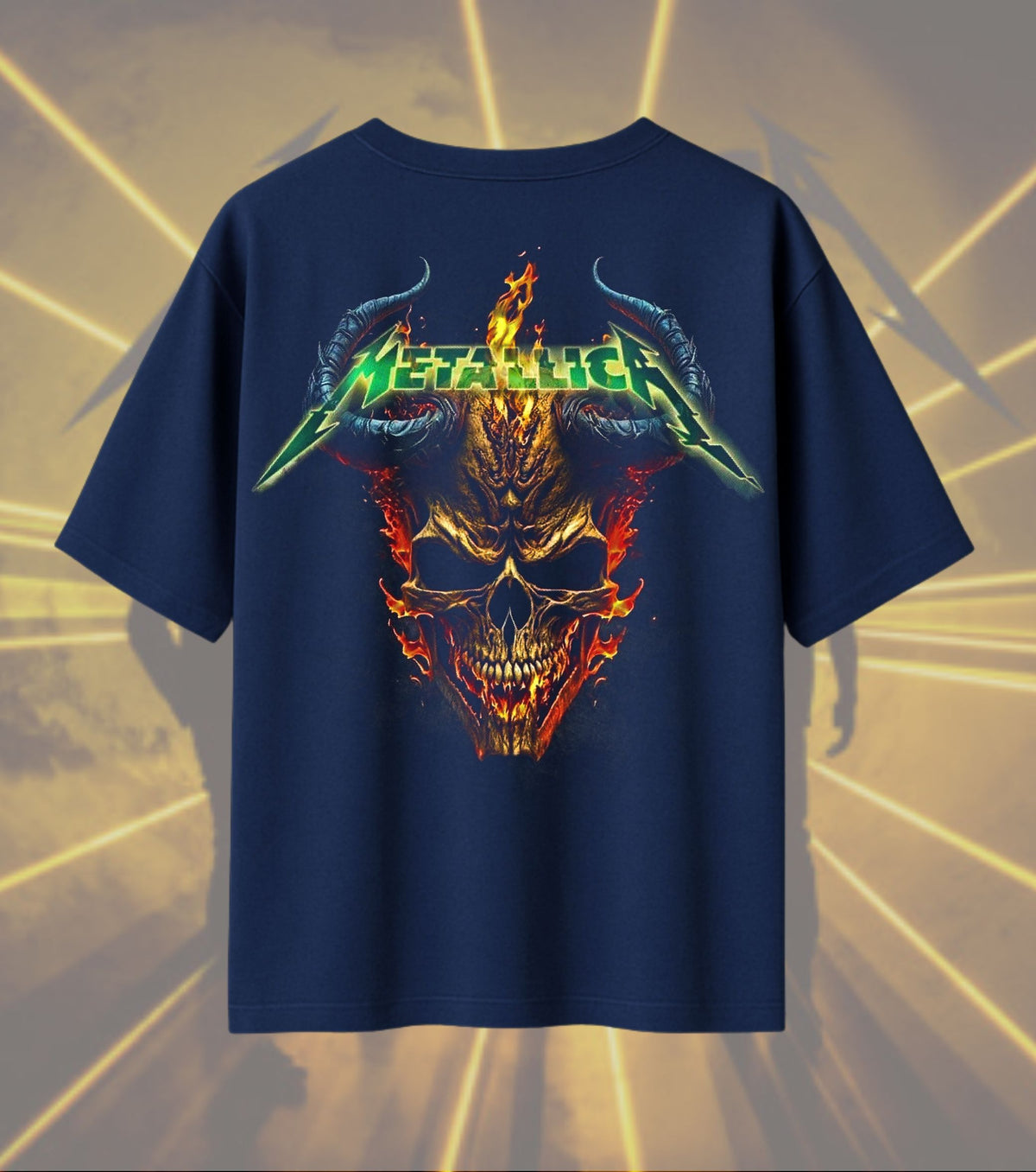 Metallica Flaming Skull Graphic T-Shirt | Fiery Demon Skull Artwork | Premium Cotton Unisex Oversized T-Shirt | Navy