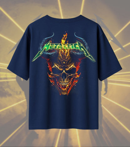 Metallica Flaming Skull Graphic T-Shirt | Fiery Demon Skull Artwork | Premium Cotton Unisex Oversized T-Shirt | Navy