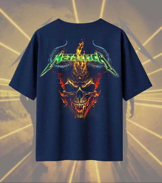 Metallica Flaming Skull Graphic T-Shirt | Fiery Demon Skull Artwork | Premium Cotton Unisex Oversized T-Shirt | Navy