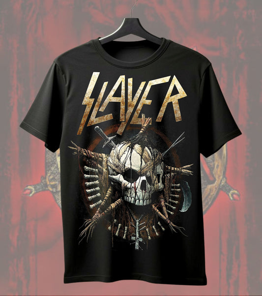 Slayer Warrior Skull T-Shirt | Heavy Metal Music Graphic Tee | Front & Dual Print