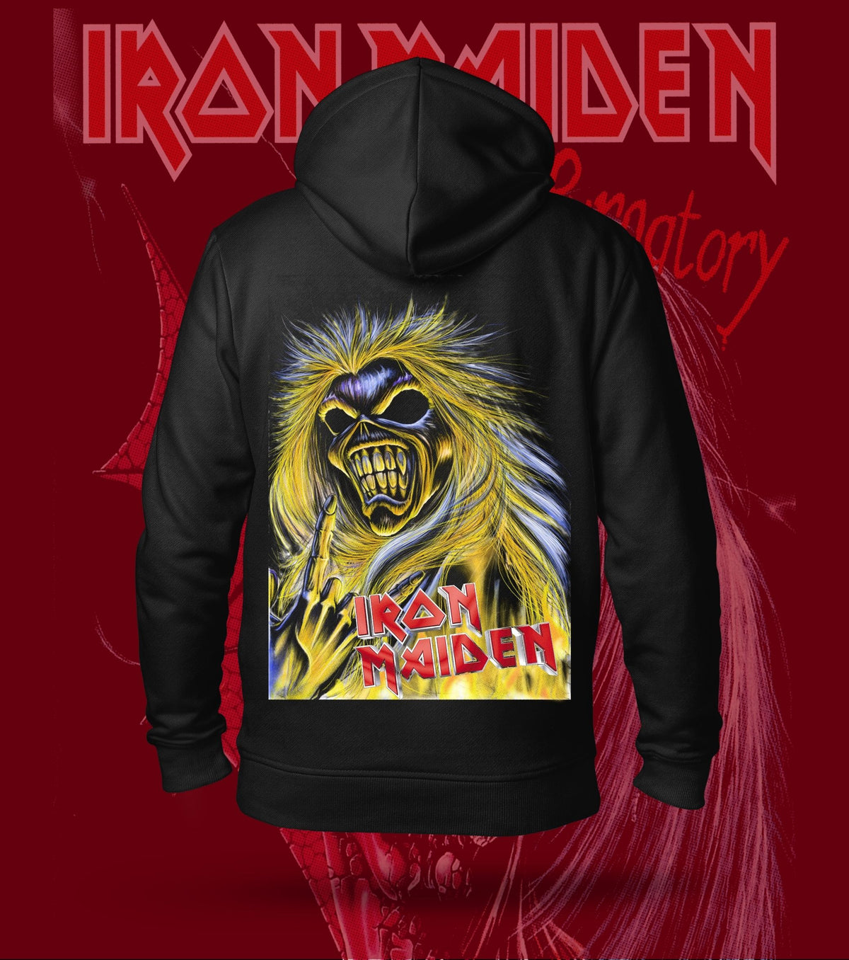 Iron Maiden Golden-Maned Eddie Hoodie – 300 GSM Heavyweight Cotton – Black back print