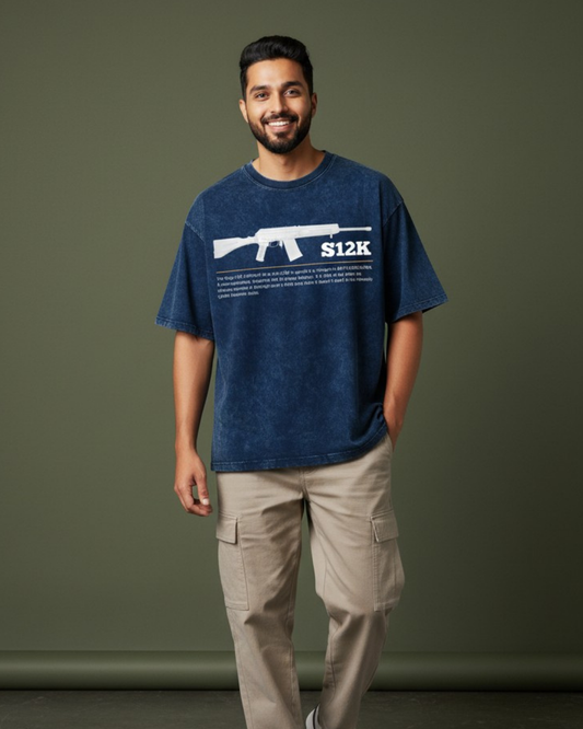 BGMI S12K Shotgun Graphic Acid Wash Oversized T-Shirt | Premium 240 GSM Heavyweight Tee