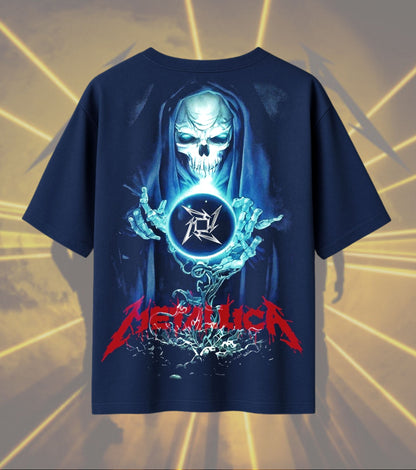 Metallica Grim Reaper Graphic T-Shirt | Skull & Crystal Orb Artwork | Premium Cotton Unisex Oversized T-Shirt | Navy