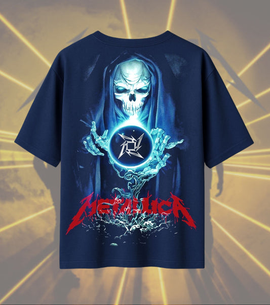 Metallica Grim Reaper Graphic T-Shirt | Skull & Crystal Orb Artwork | Premium Cotton Unisex Oversized T-Shirt | Navy