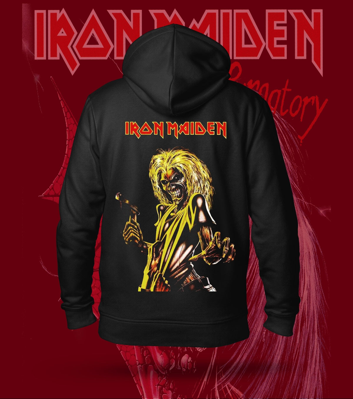 Iron Maiden Golden Eddie Action-Pose Hoodie – 300 GSM Heavyweight Cotton – Black back print