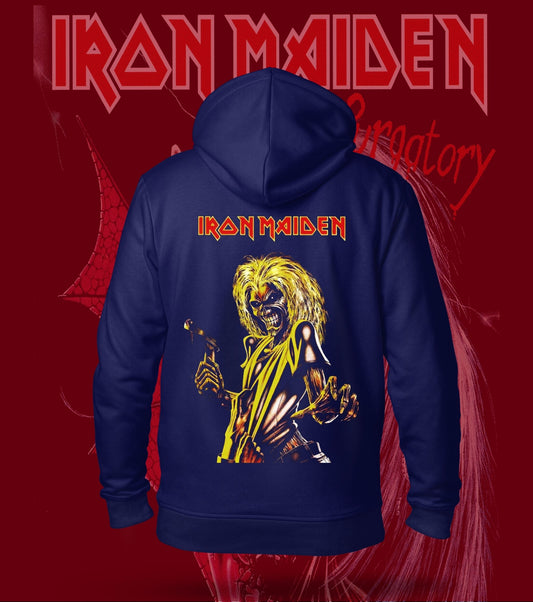 Iron Maiden Golden Eddie Action-Pose Hoodie – 300 GSM Heavyweight Cotton – Navy back print
