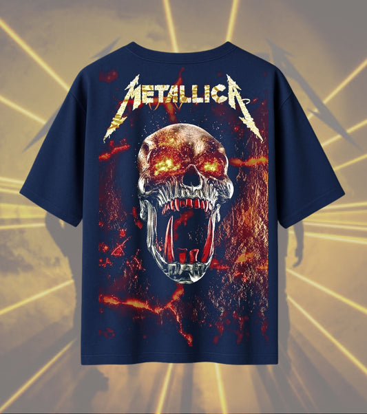 Metallica Screaming Skull Graphic T-Shirt | Fiery Horror Artwork | Premium Cotton Unisex Oversized T-Shirt | Navy