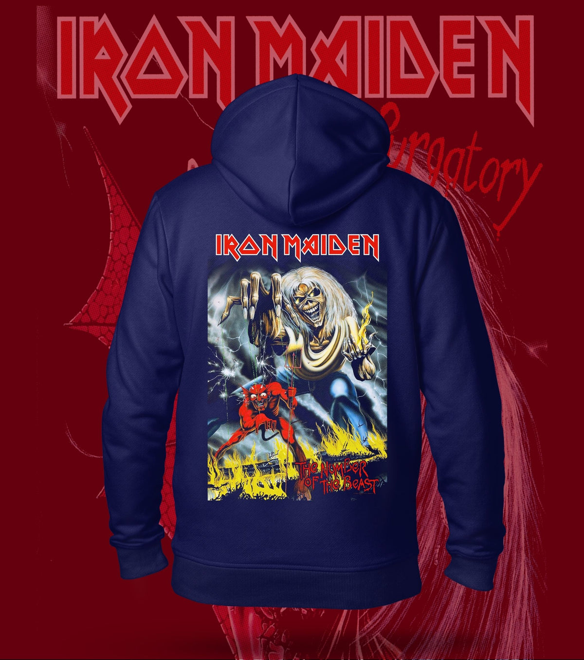 Iron Maiden The Number of the Beast Eddie Hoodie – 300 GSM Heavyweight Cotton – Navy back print