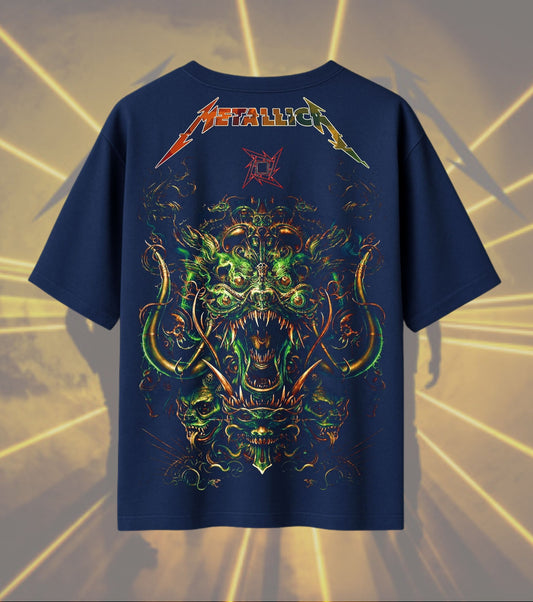 Metallica Oni Demon Graphic T-Shirt | Japanese Inspired Monster Artwork | Premium Cotton Unisex Oversized T-Shirt | Navy