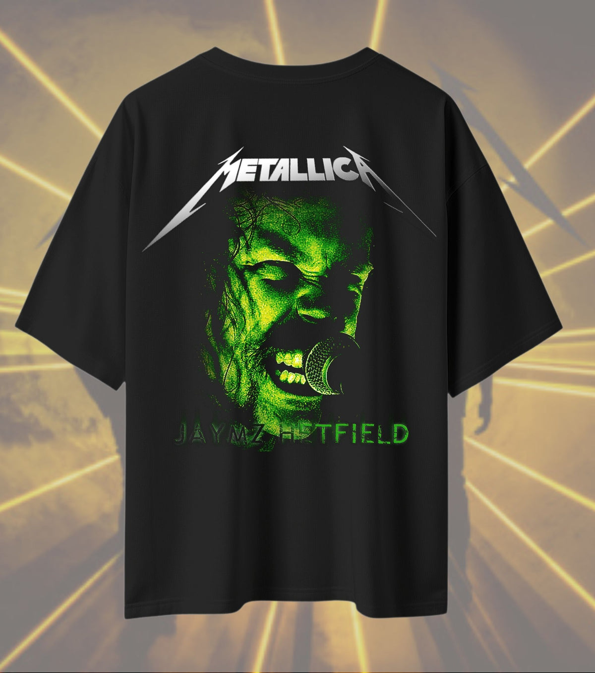 Metallica James Hetfield Portrait Graphic T-Shirt | Green Halftone Singer Artwork | Premium Cotton Unisex Oversized T-Shirt | Black
