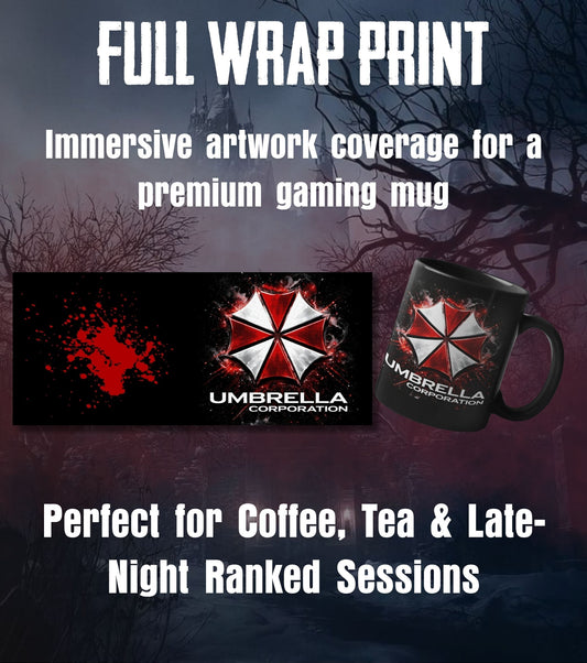 Resident Evil Umbrella Corporation Black Ceramic Coffee Mug – Red Blood Splatter & Umbrella Logo Gaming Mug
