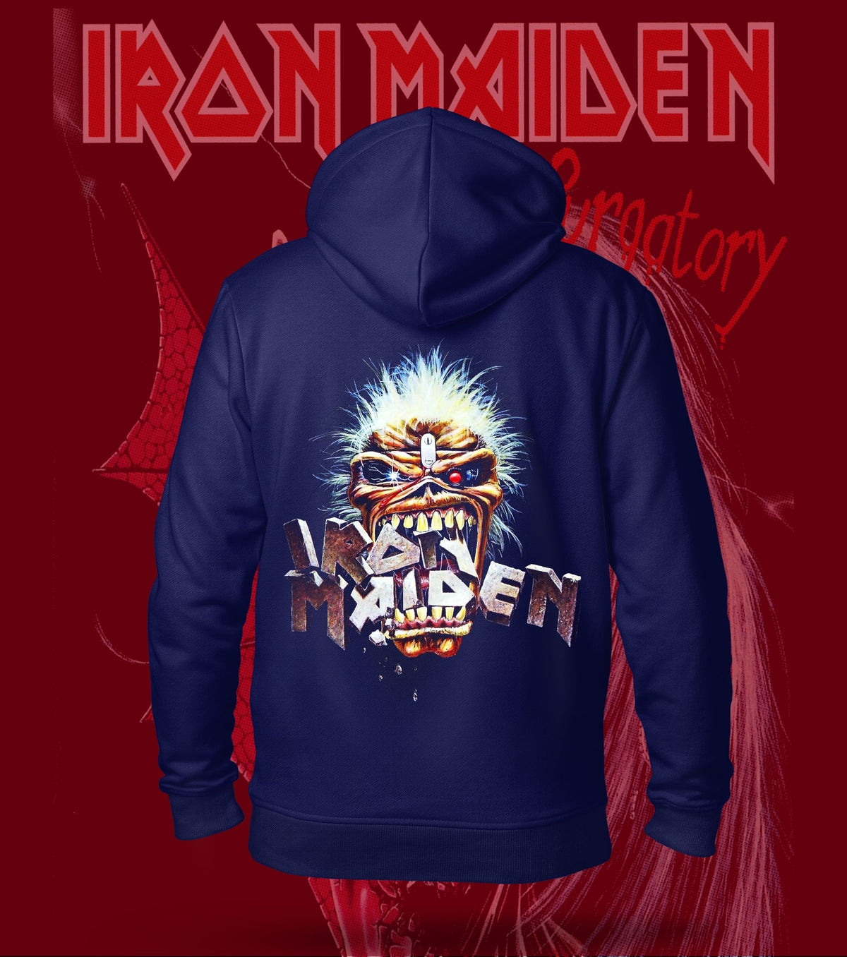 Iron Maiden Metallic Eddie Logo Hoodie – 300 GSM Heavyweight Cotton – Navy back print