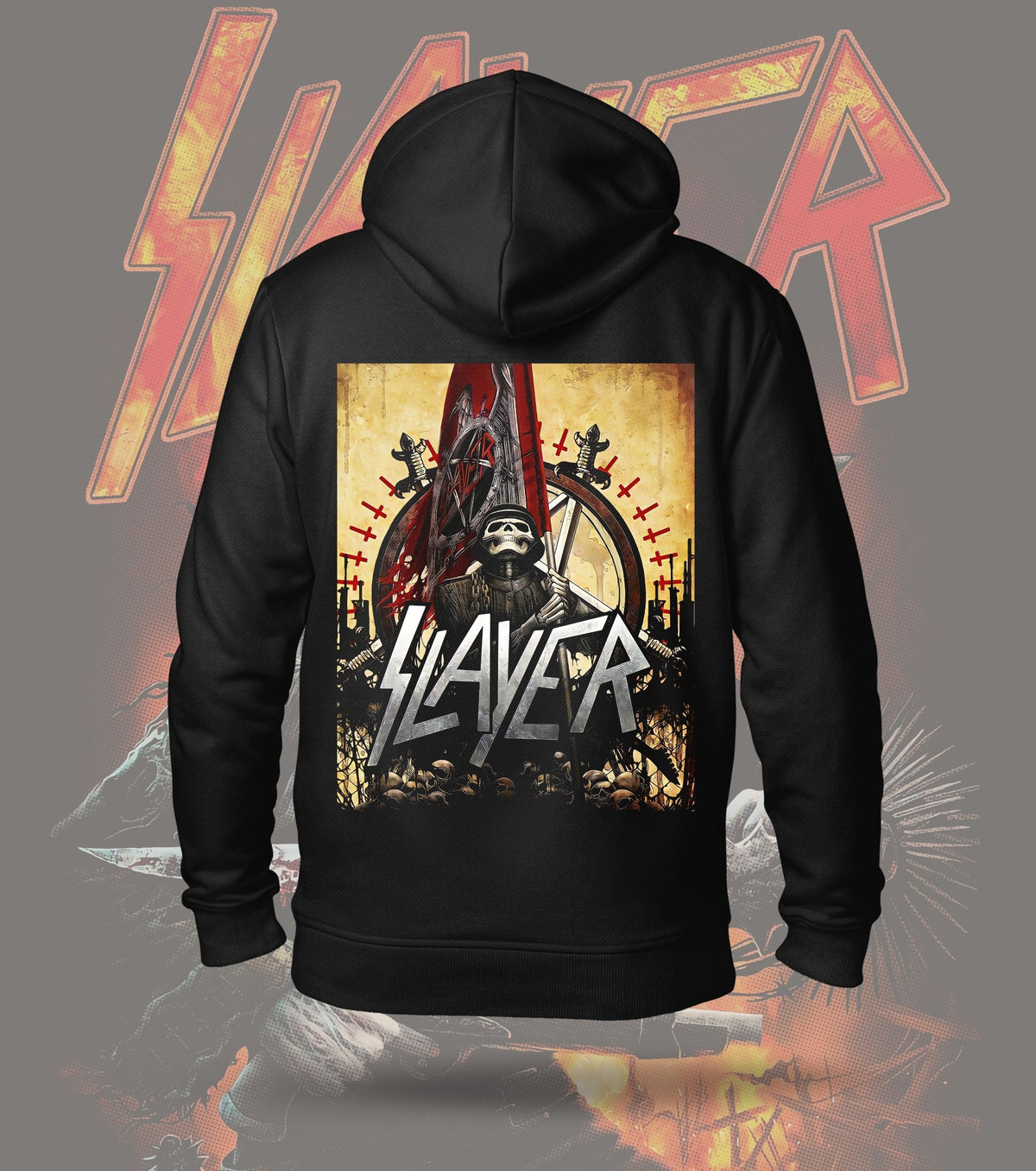 Slayer Warrior Skull Graphic Hoodie – 300 GSM Heavyweight Cotton – Black back print
