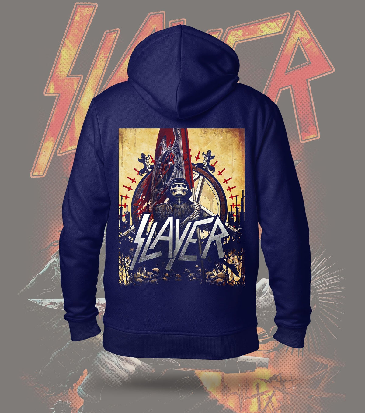 Slayer Warrior Skull Graphic Hoodie – 300 GSM Heavyweight Cotton – Navy back print