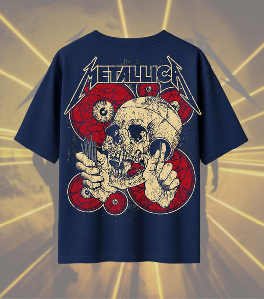 Metallica Skull & Eyes Graphic T-Shirt | Distressed Horror Collage Artwork | Premium Cotton Unisex Oversized T-Shirt | Navy