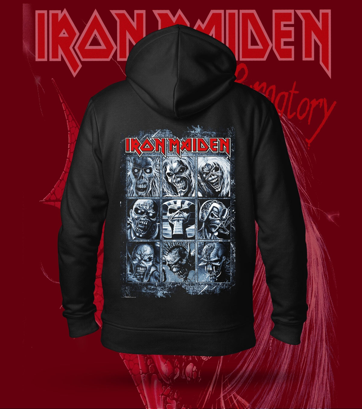 Iron Maiden Nine Faces of Eddie Hoodie – 300 GSM Heavyweight Cotton – Black back print