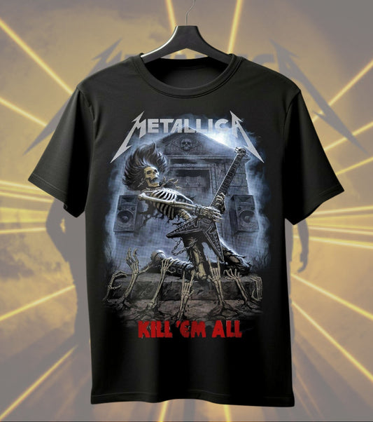 Metallica Skeleton Guitarist Graphic T-Shirt | Kill 'Em All Inspired Heavy Metal Rock Band Tee | Premium Cotton Unisex Regular T-Shirt