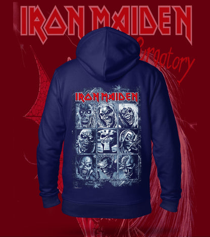 Iron Maiden Nine Faces of Eddie Hoodie – 300 GSM Heavyweight Cotton – Navy back print